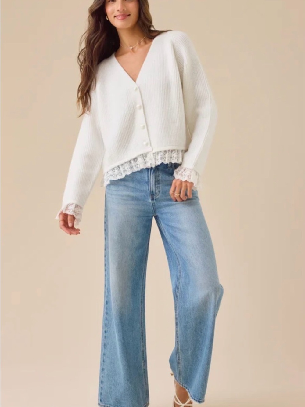 Altar'd State Ivory Lace-Trim V-Neck Cardigan - Picture 2 of 8